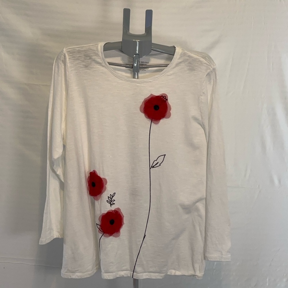 Lane Bryant White Long Sleeve Top with Red Poppy  Accent Floral Design